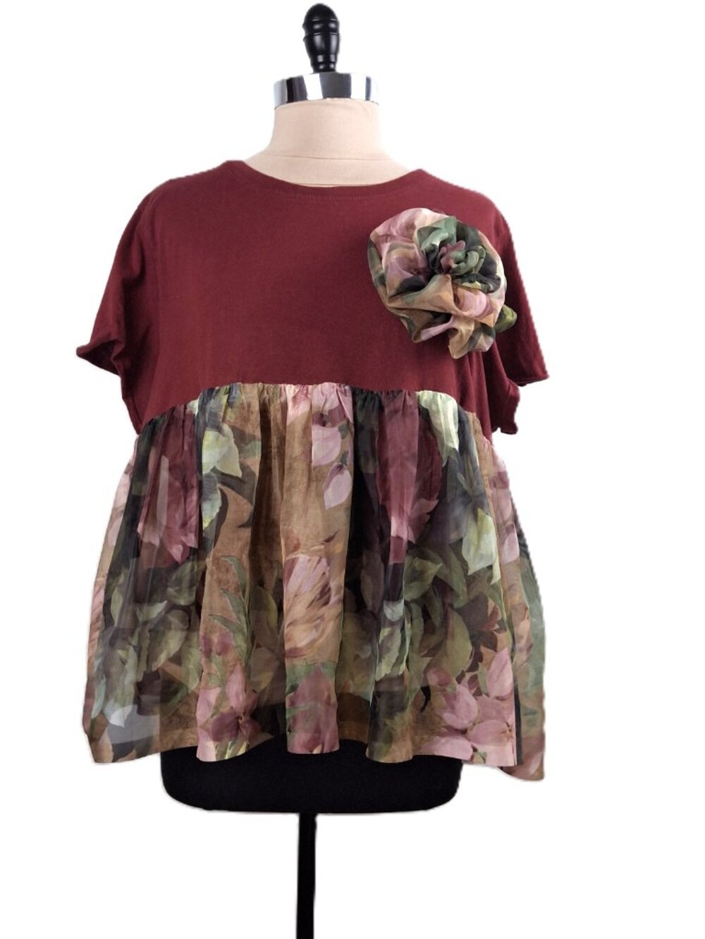 Upcycled Sz XL Peplum Overlay Top Reworked Floral Chiffon Sheer Rosette Fairy